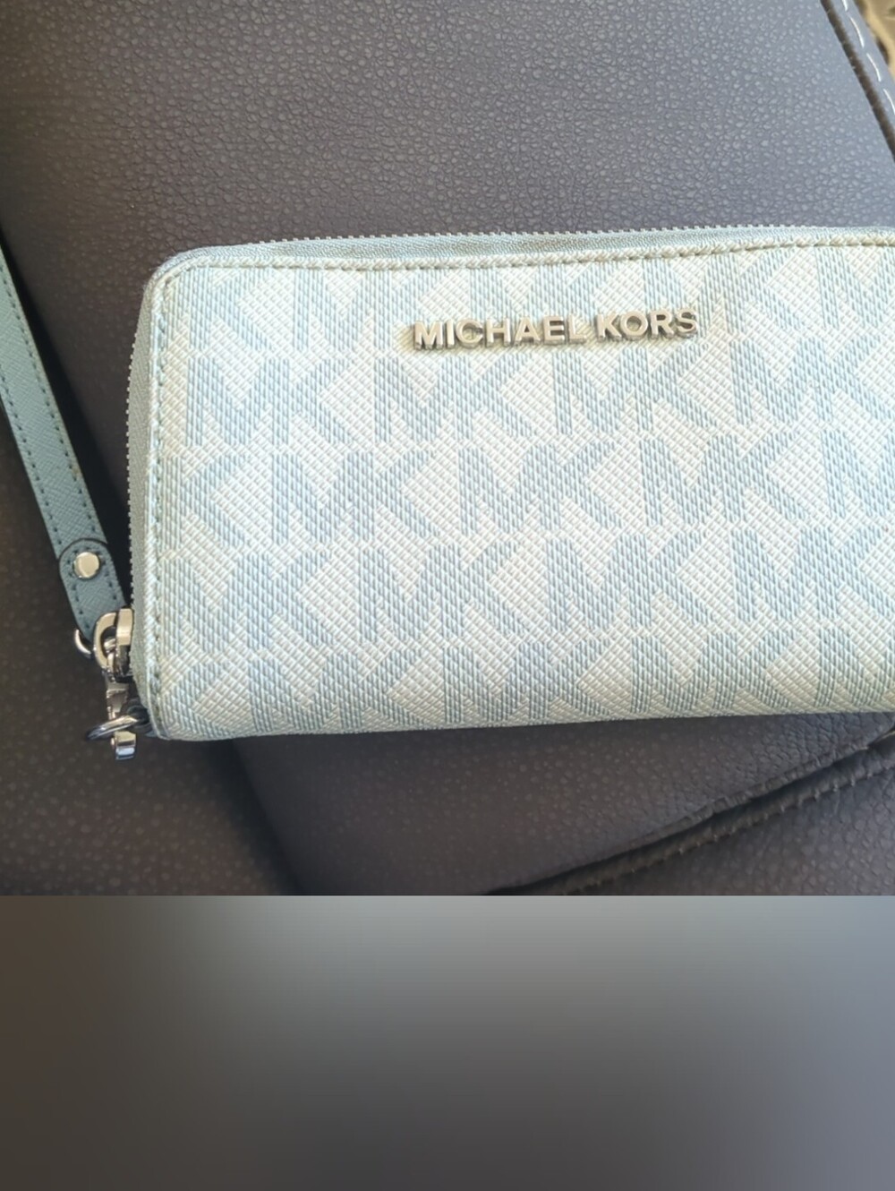 Michael Kors Light Blue Monogram Zip Wristlet with Silver Hardware